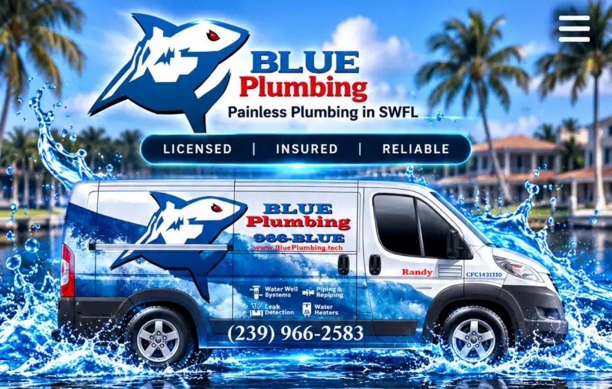 Blue Plumbing van splashing through water